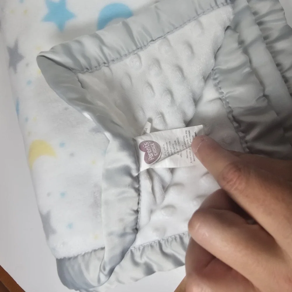 Parents Choice Moon Stars Yellow Gray Baby Blanket Minky Satin Trim 30x40 EUC
